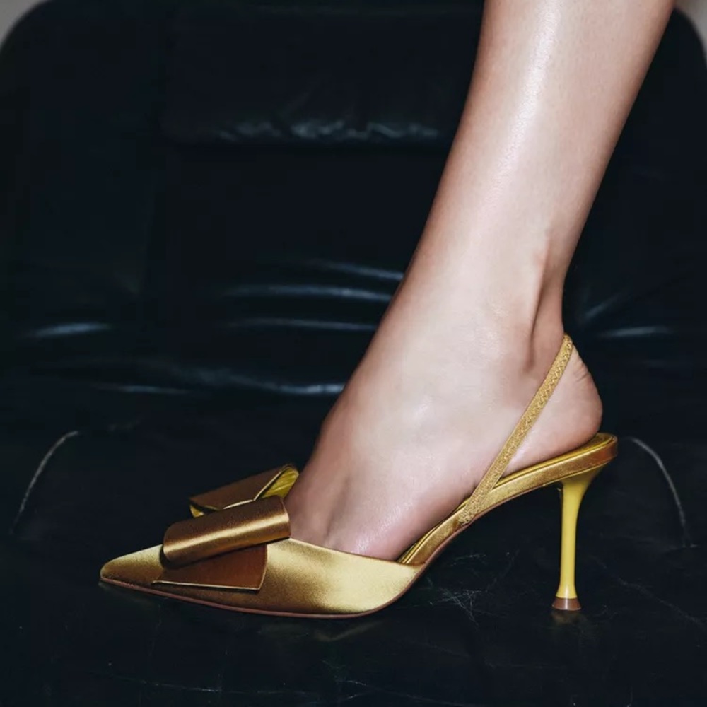 ZARA SATIN-EFFECT SLINGBACK HEELS - Mustard